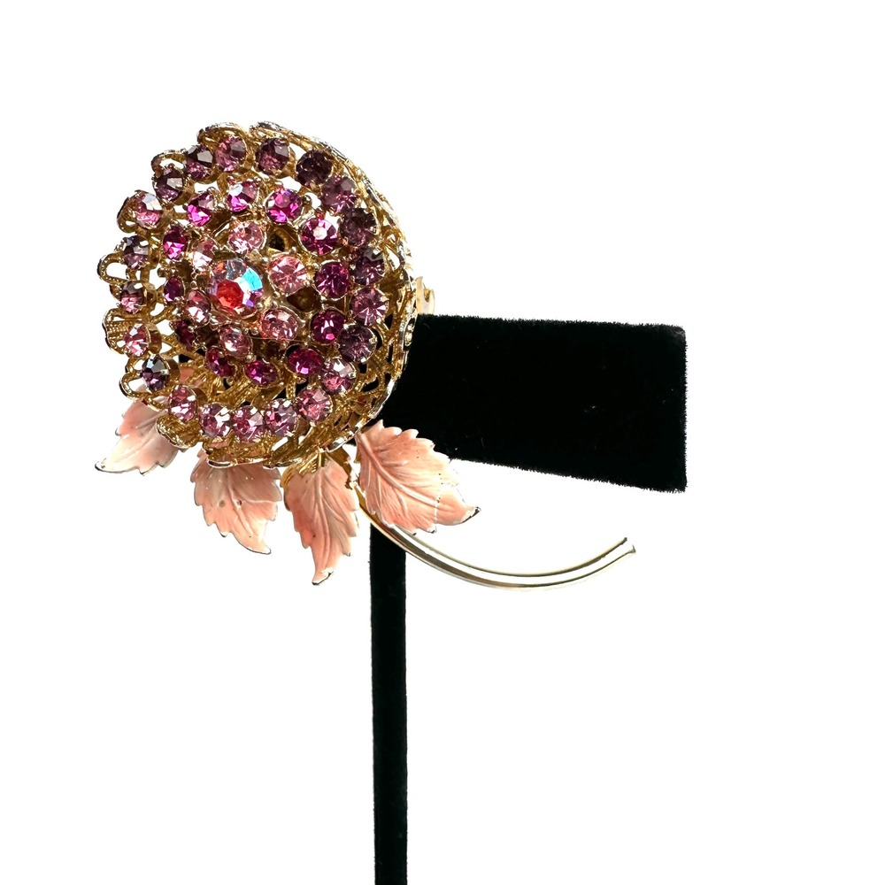 Vintage Gold Tone Purple Rhinestone Pink Enamel Leaf Floral Filigree Broochโ Pin